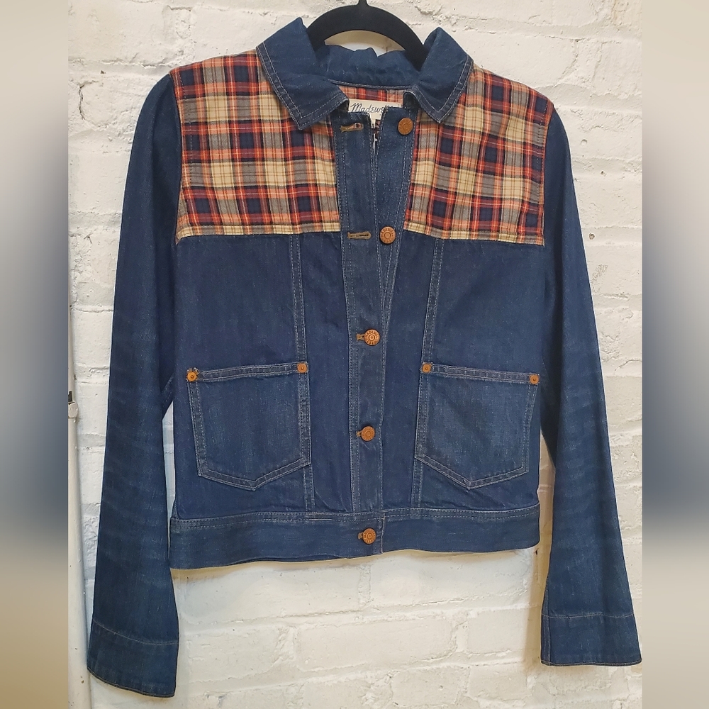 MADEWELLl Plaid Trucker Denim Jean Jacket Workwear Dark Wash Size Medium